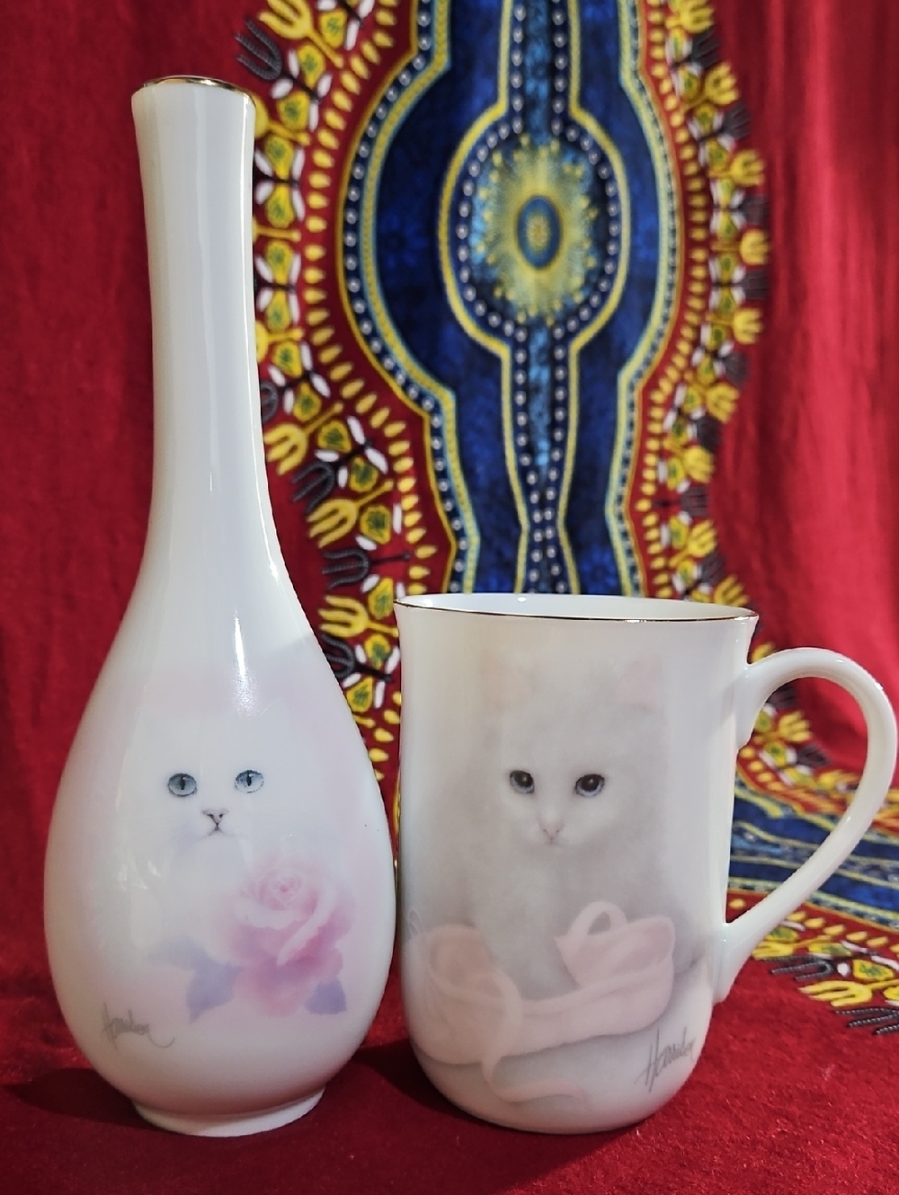 Vintage Otagiri Japan Bob Harrison White Cat Ceramic Mug & Bud Vase Set of 2